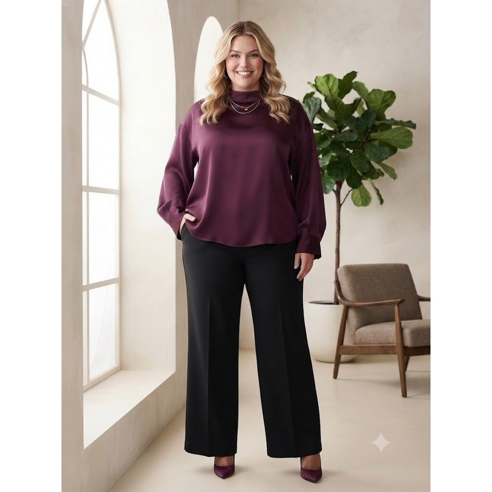 NWT ELOQUII Satin Mock Neck Bell Sleeve Blouse Plum Burgundy Oversized Top 28